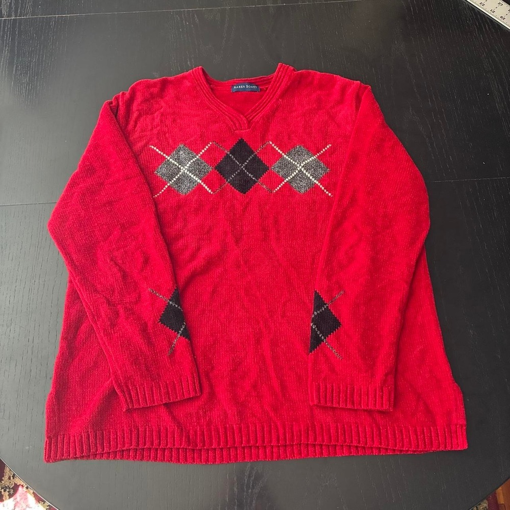 Karen Scott Red Argyle V-Neck Sweater Preppy Grandpa Knit Pullover XL